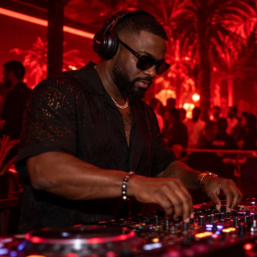 A DJ performing under red nightclub lights