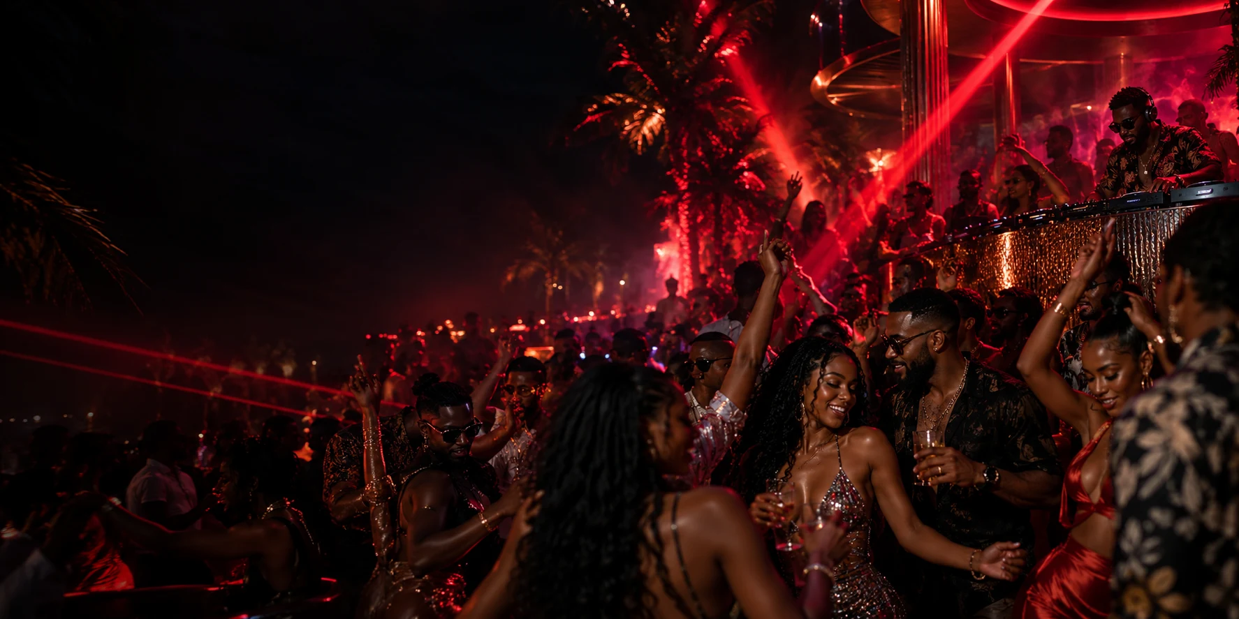 Red lights over an energetic Caribbean nightclub crowd